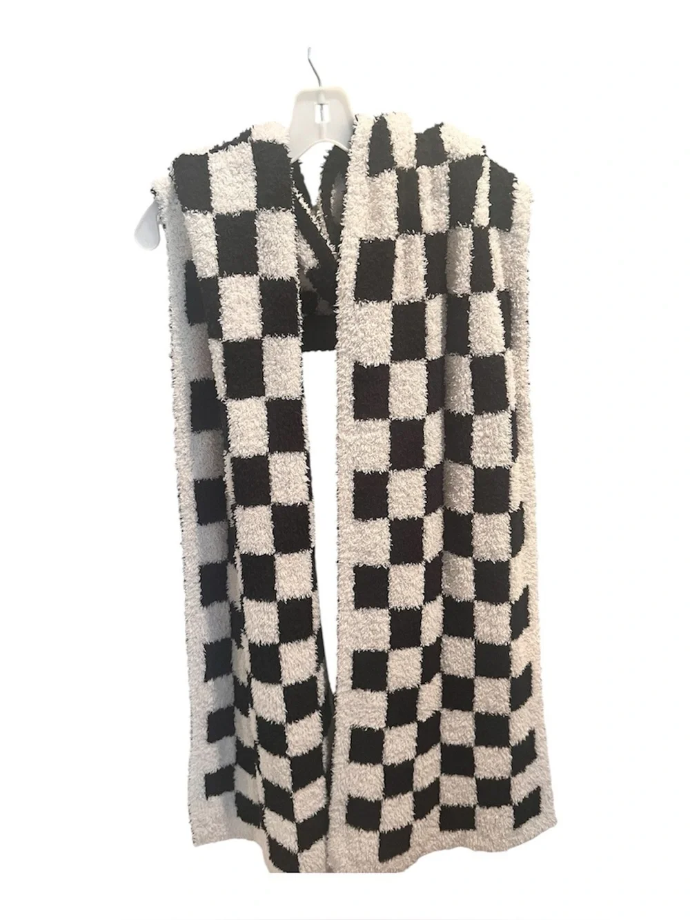 Marlo Black Cream Checkerboard Plush Knit Scarf 86”